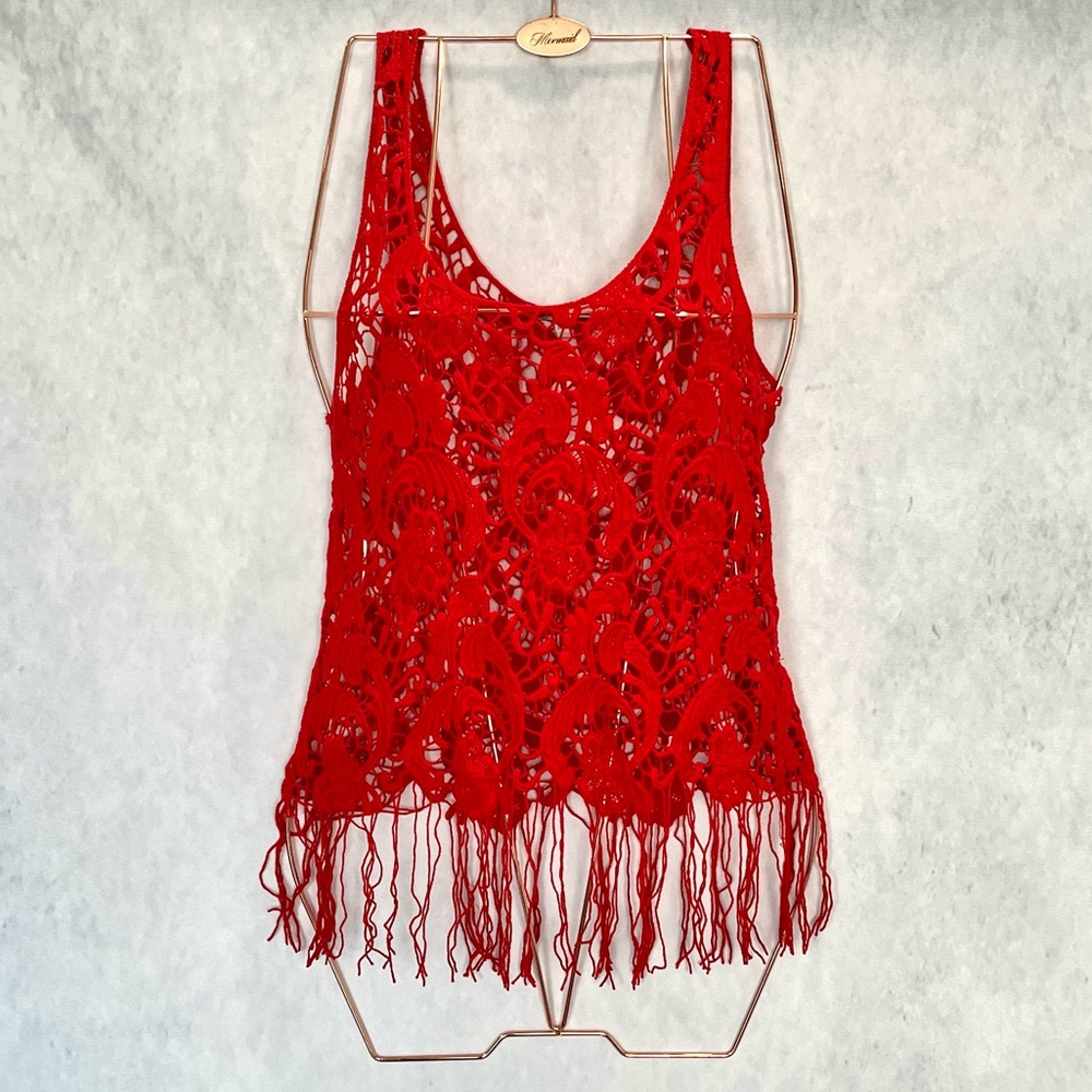 Red Floral lace hollowed out scoop neck tank top with tassels top or cover up